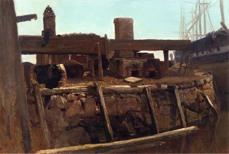 Albert Bierstadt Wharf Scene with Ship at Dock